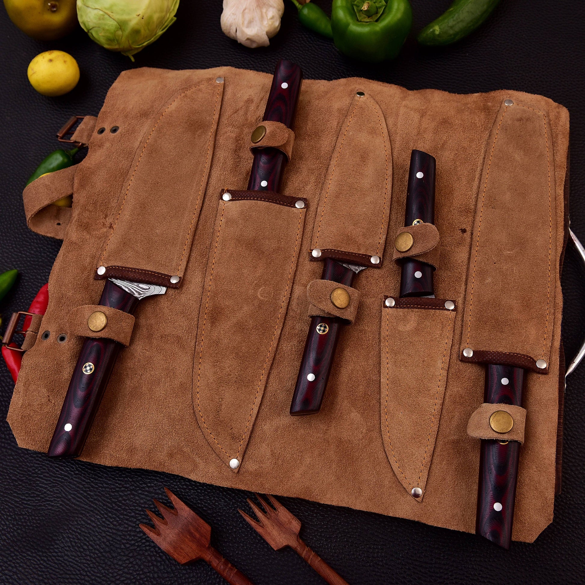 Damascus Steel 5pc Cooking Knife Set - BBQ Indoor/Outdoor Kitchen Knives, Chef Santoku Utility Knife, Handmade Camping Damascus Blade