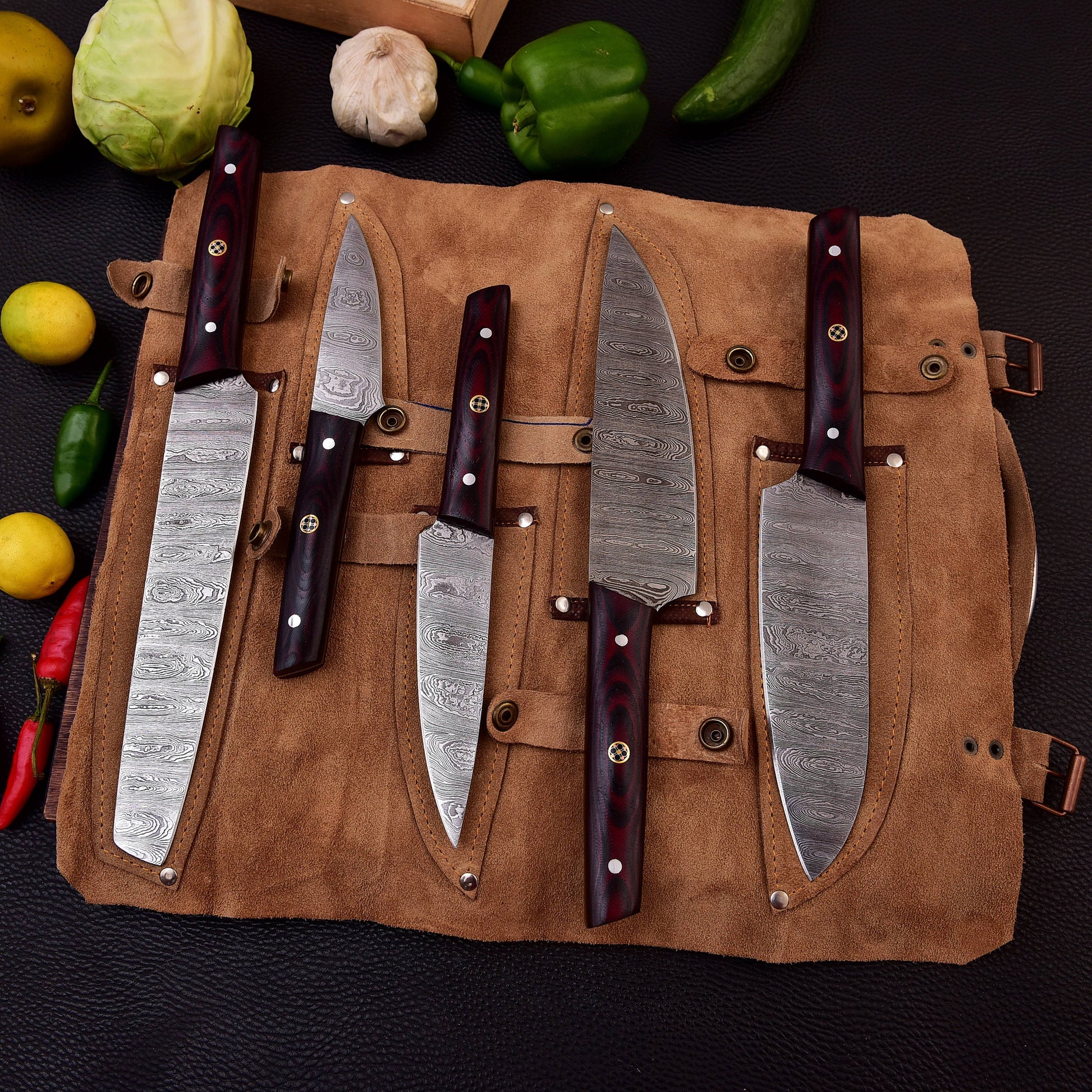 Damascus Steel 5pc Cooking Knife Set - BBQ Indoor/Outdoor Kitchen Knives, Chef Santoku Utility Knife, Handmade Camping Damascus Blade