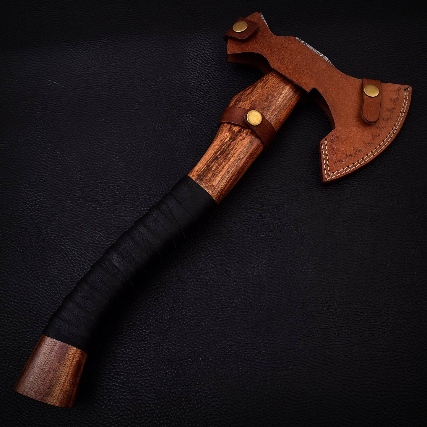 Hand Forged Small Handy Size Camping Axes, Damascus Steel Wood Handle Leather Wrapped Gift for Camper, Gift for Dad, Free Leather Sheath