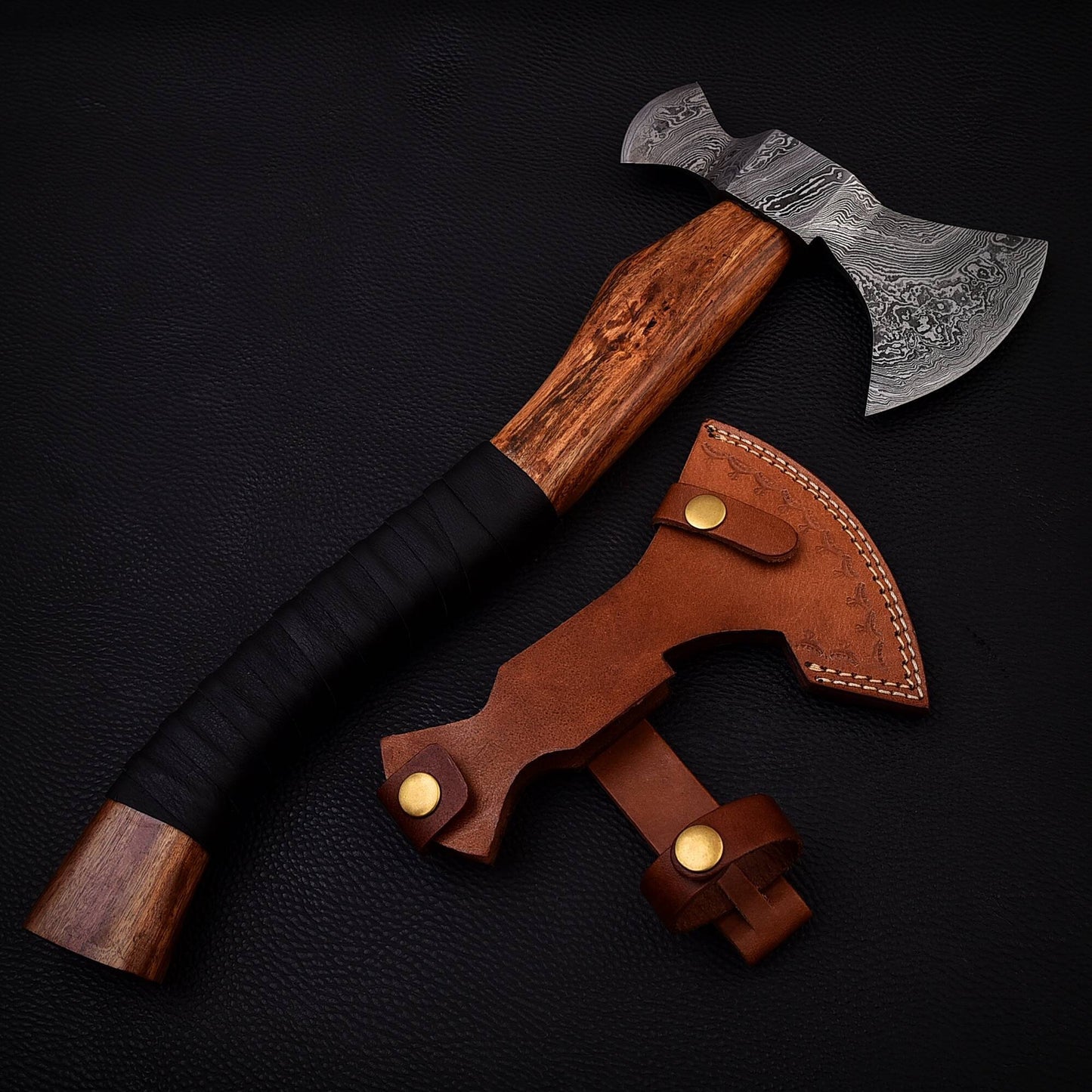 Hand Forged Small Handy Size Camping Axes, Damascus Steel Wood Handle Leather Wrapped Gift for Camper, Gift for Dad, Free Leather Sheath
