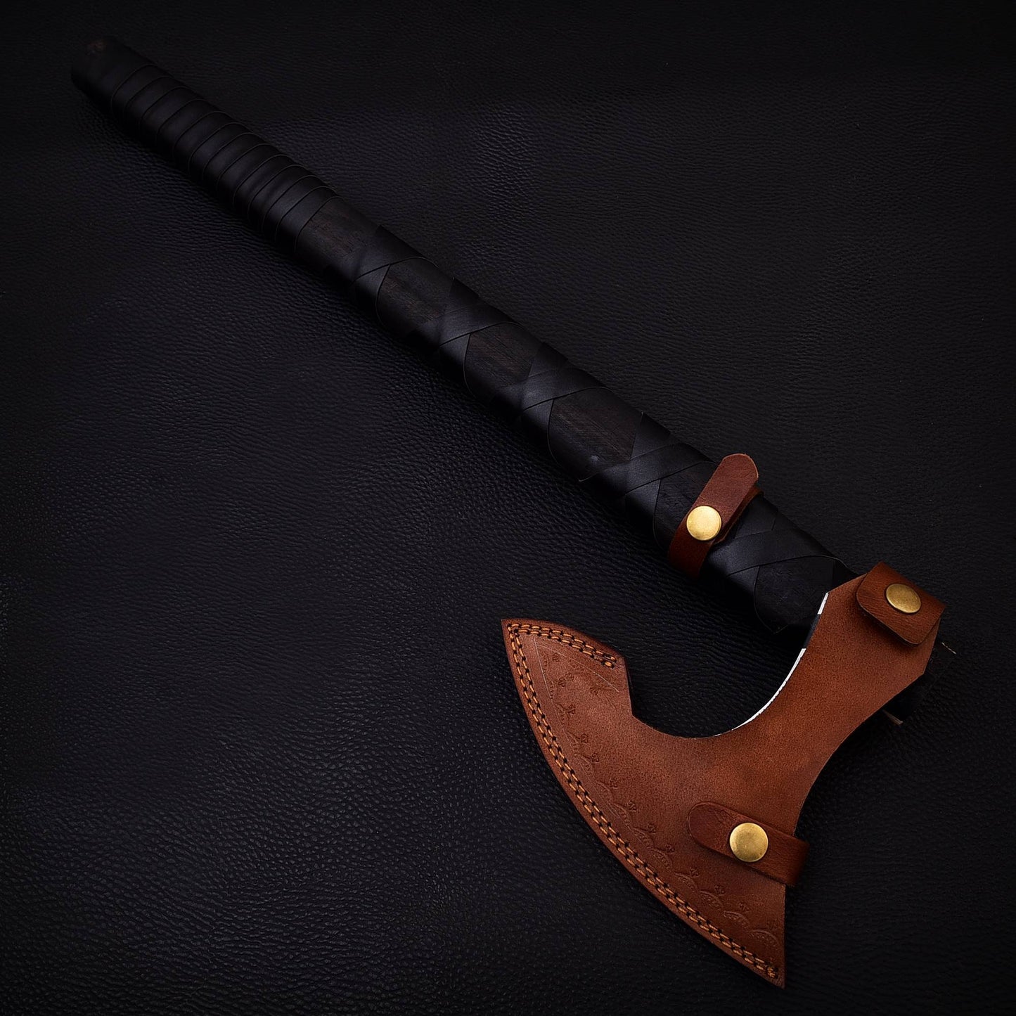 Personalized 22" Premium Carbon Steel Black Wood Viking Axe Leather Wrapped Handle - Perfect Gift for Him or Camper, Free Leather Sheath