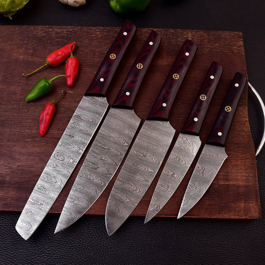 Damascus Steel 5pc Cooking Knife Set - BBQ Indoor/Outdoor Kitchen Knives, Chef Santoku Utility Knife, Handmade Camping Damascus Blade