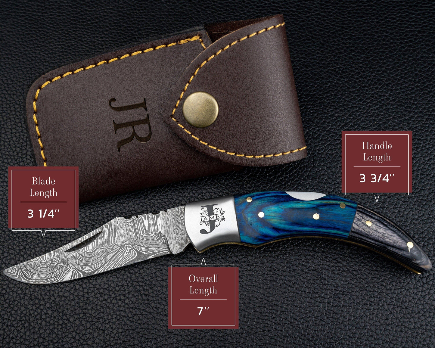 Damascus Pocket Folding Knife, Pocket Knife For Men - 7" Groomsmen gifts, Damascus Steel Personalized Customized Knife Blue Pakka Handle Etsy 
