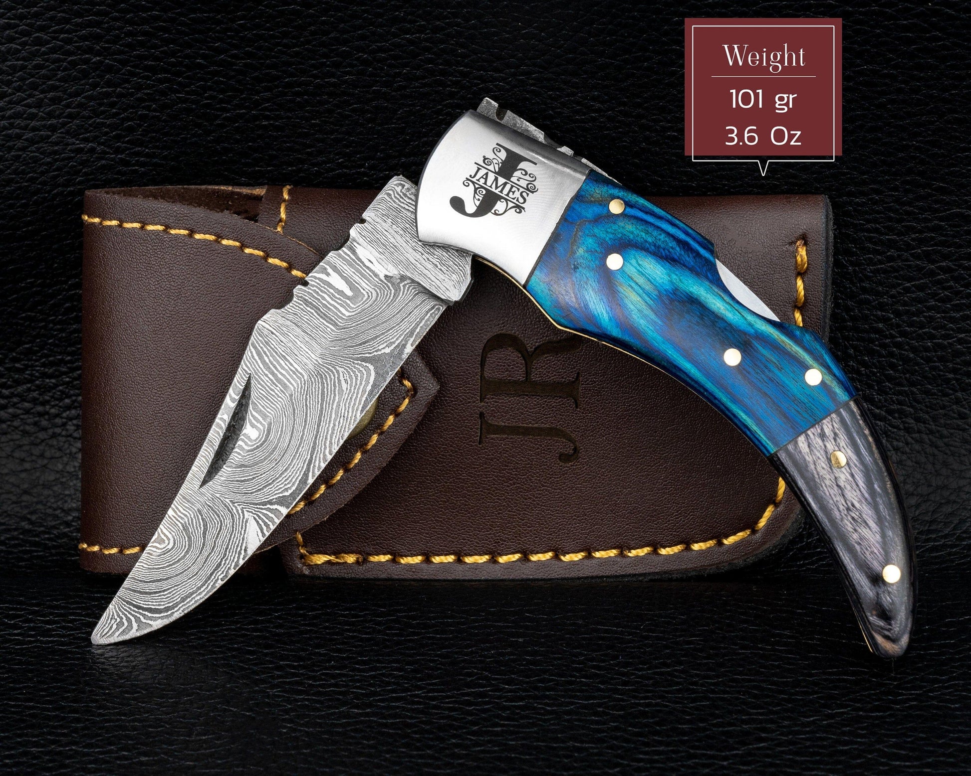 Damascus Pocket Folding Knife, Pocket Knife For Men - 7" Groomsmen gifts, Damascus Steel Personalized Customized Knife Blue Pakka Handle Etsy 