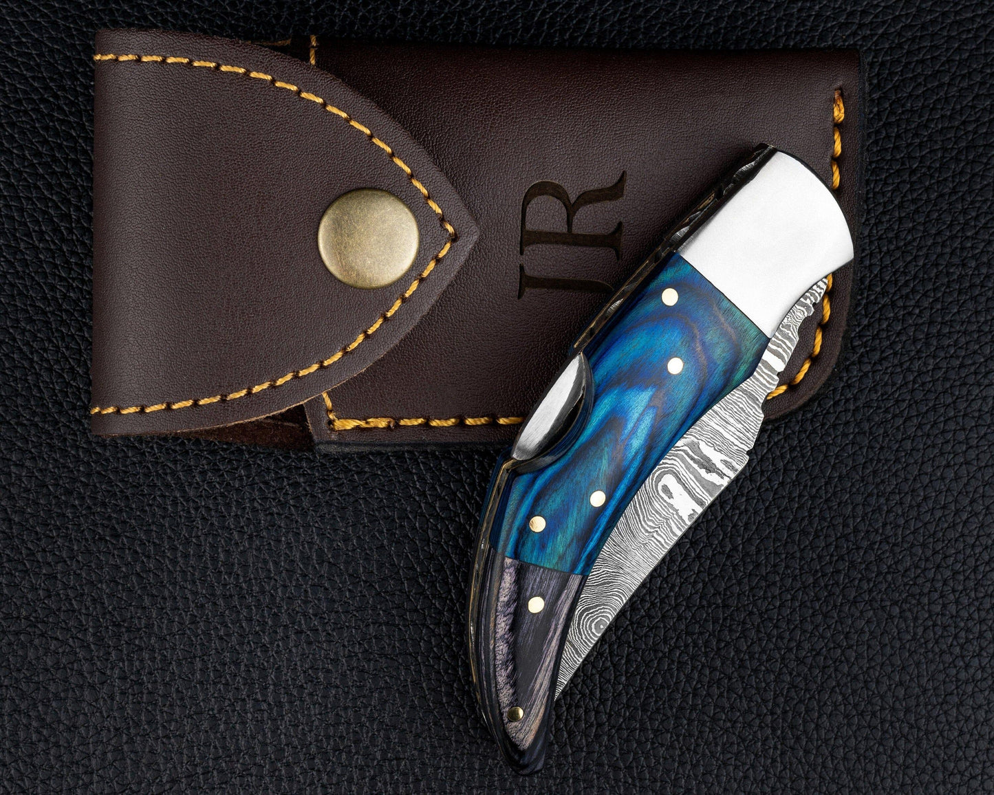 Damascus Pocket Folding Knife, Pocket Knife For Men - 7" Groomsmen gifts, Damascus Steel Personalized Customized Knife Blue Pakka Handle Etsy 