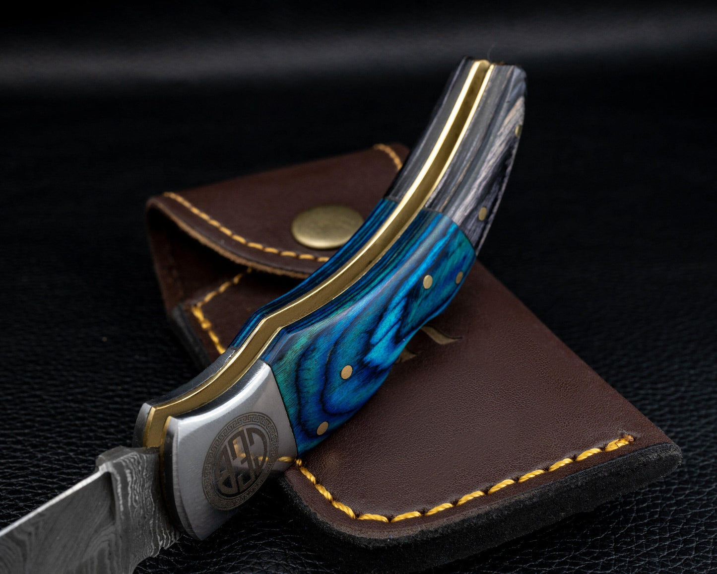 Damascus Pocket Folding Knife, Pocket Knife For Men - 7" Groomsmen gifts, Damascus Steel Personalized Customized Knife Blue Pakka Handle Etsy 