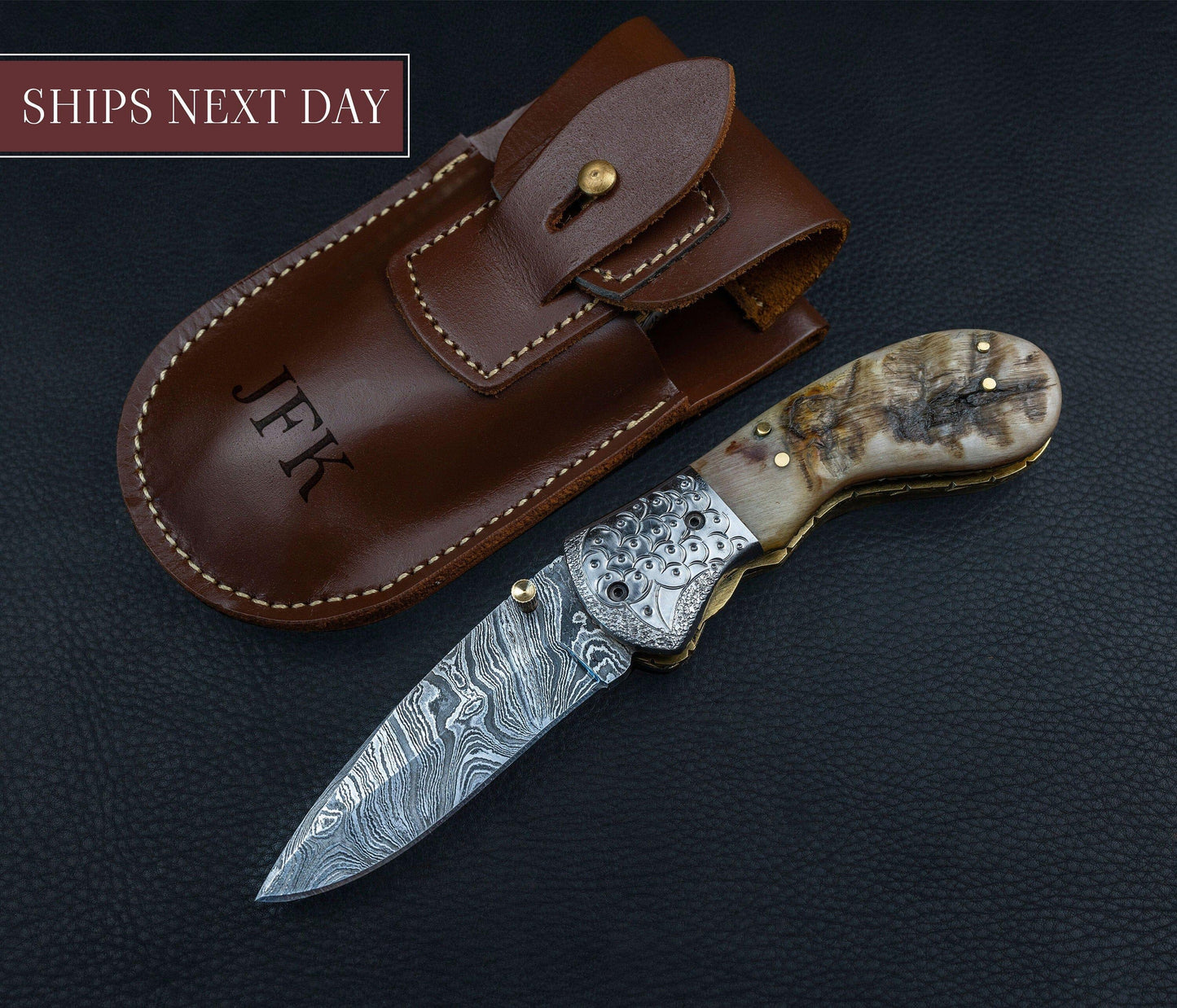 Hand Forged Ram Horn Handle Eagle Damascus Folding Knife, Damascus Pocket Knife, Damascus Steel Hunting knife, Hand Forged Damascus Knife Etsy 