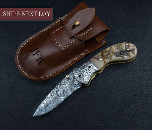 Hand Forged Ram Horn Handle Eagle Damascus Folding Knife, Damascus Pocket Knife, Damascus Steel Hunting knife, Hand Forged Damascus Knife Etsy 