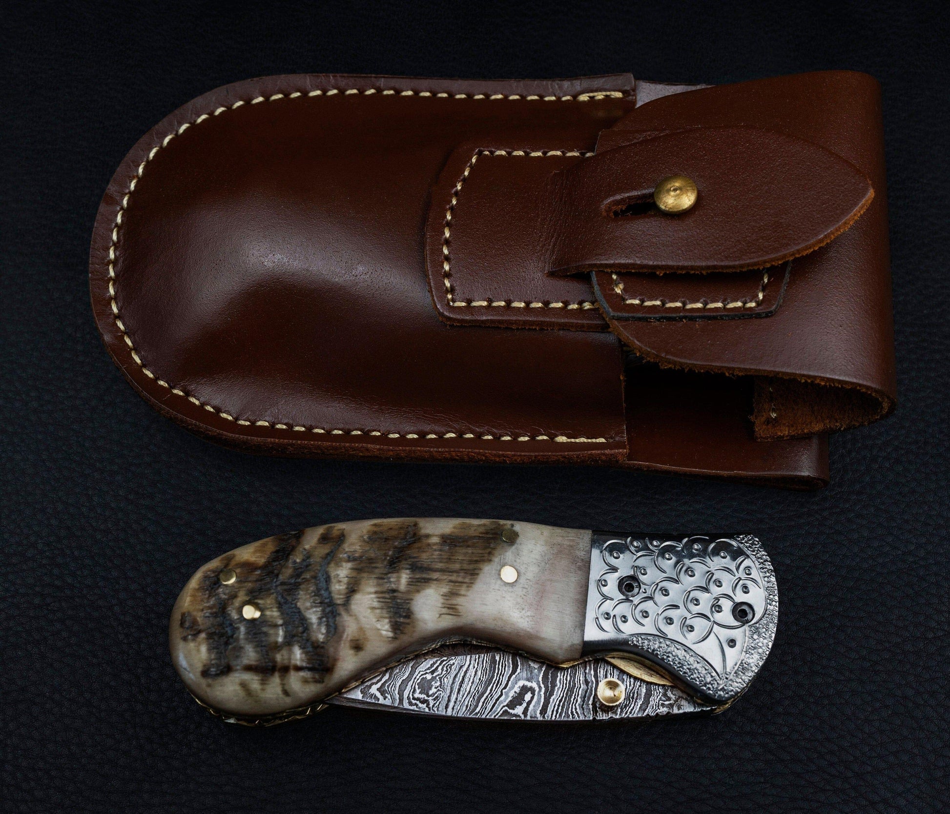 Hand Forged Ram Horn Handle Eagle Damascus Folding Knife, Damascus Pocket Knife, Damascus Steel Hunting knife, Hand Forged Damascus Knife Etsy 