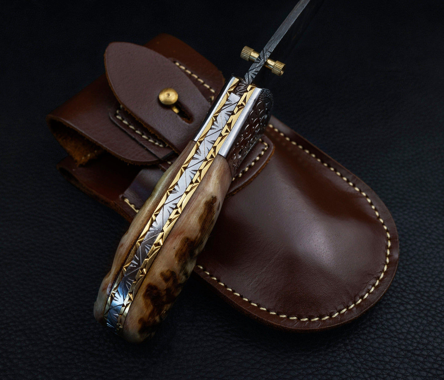 Hand Forged Ram Horn Handle Eagle Damascus Folding Knife, Damascus Pocket Knife, Damascus Steel Hunting knife, Hand Forged Damascus Knife Etsy 