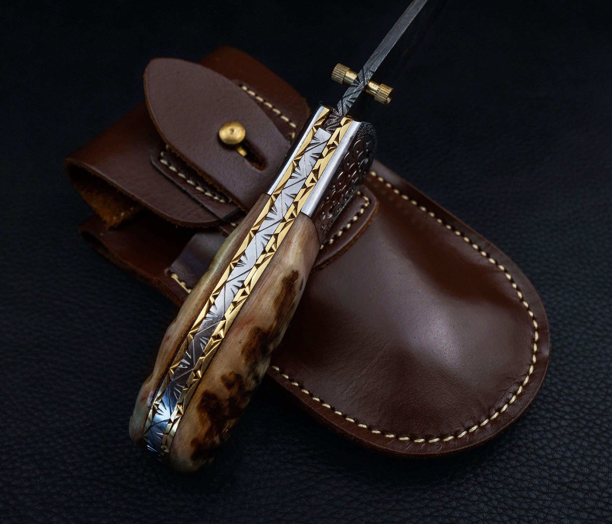 Hand Forged Ram Horn Handle Eagle Damascus Folding Knife, Damascus Pocket Knife, Damascus Steel Hunting knife, Hand Forged Damascus Knife Etsy 