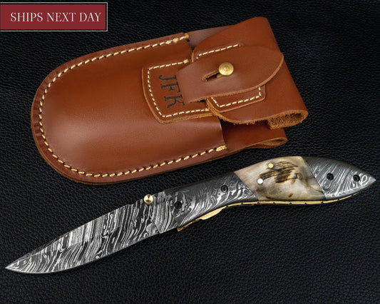 7.75'' Hand Forged Ram Horn Handle Damascus Folding Knife, Damascus Pocket Knife, Damascus Steel Hunting knife, Hand Forged Damascus Knife Etsy 