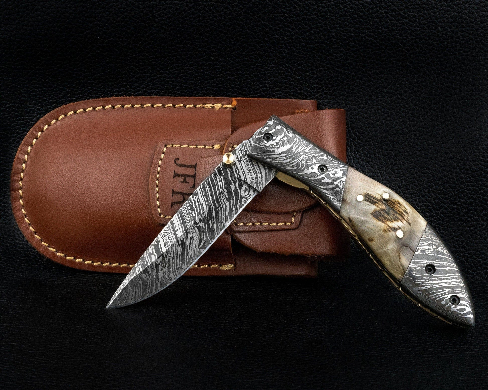 7.75'' Hand Forged Ram Horn Handle Damascus Folding Knife, Damascus Pocket Knife, Damascus Steel Hunting knife, Hand Forged Damascus Knife Etsy 