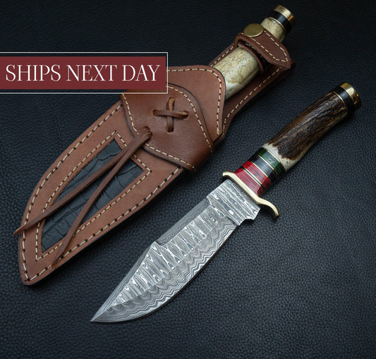 10' Inch Handmade Damascus Steel Hunting knife Handle Stag Horn leather Sheath Handle and Clip, Hand forged Damascus knife Non slip Brass Etsy 