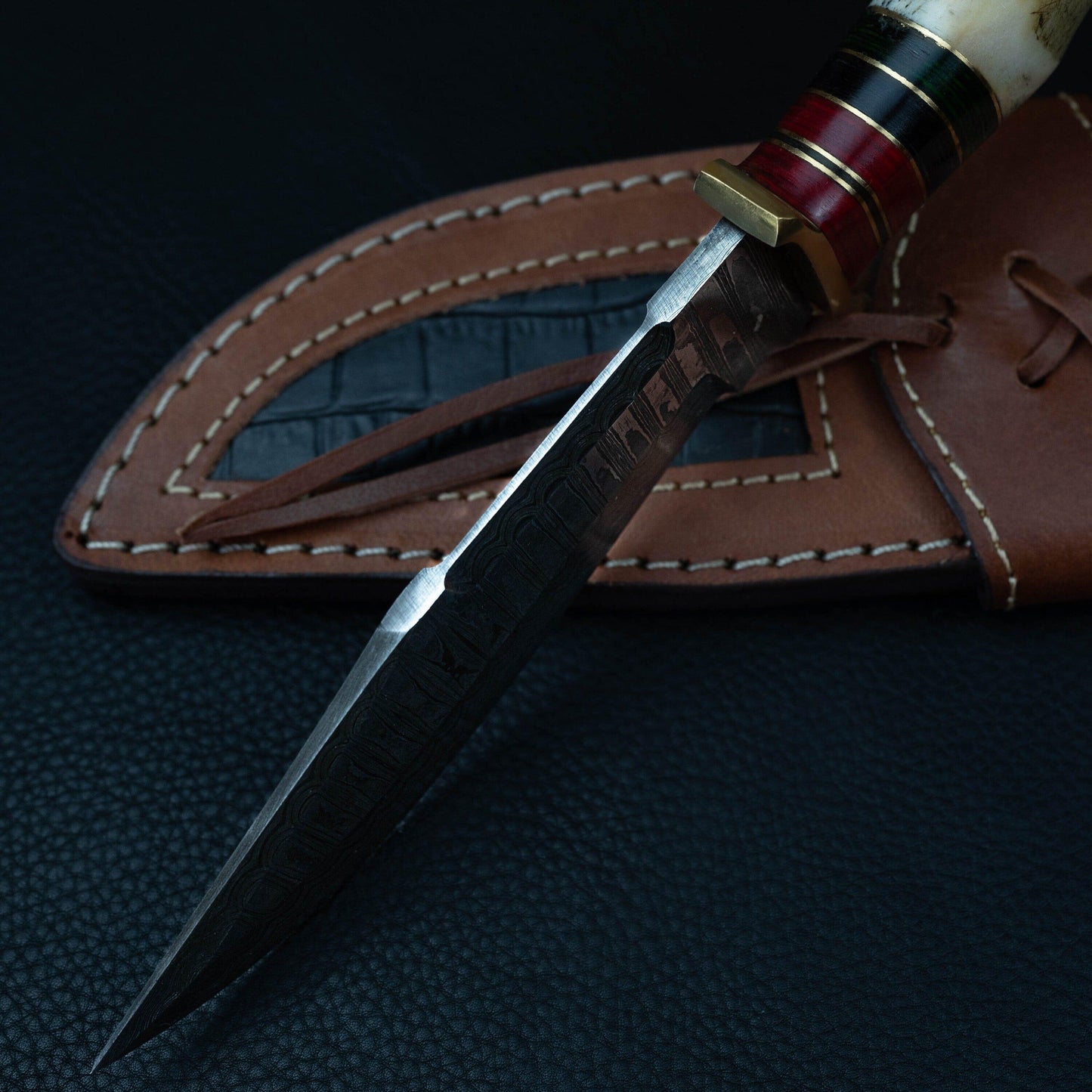 10' Inch Handmade Damascus Steel Hunting knife Handle Stag Horn leather Sheath Handle and Clip, Hand forged Damascus knife Non slip Brass Etsy 